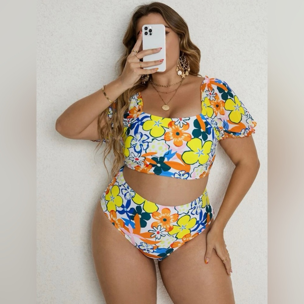 Tropical Two Piece with Puff Sleeve